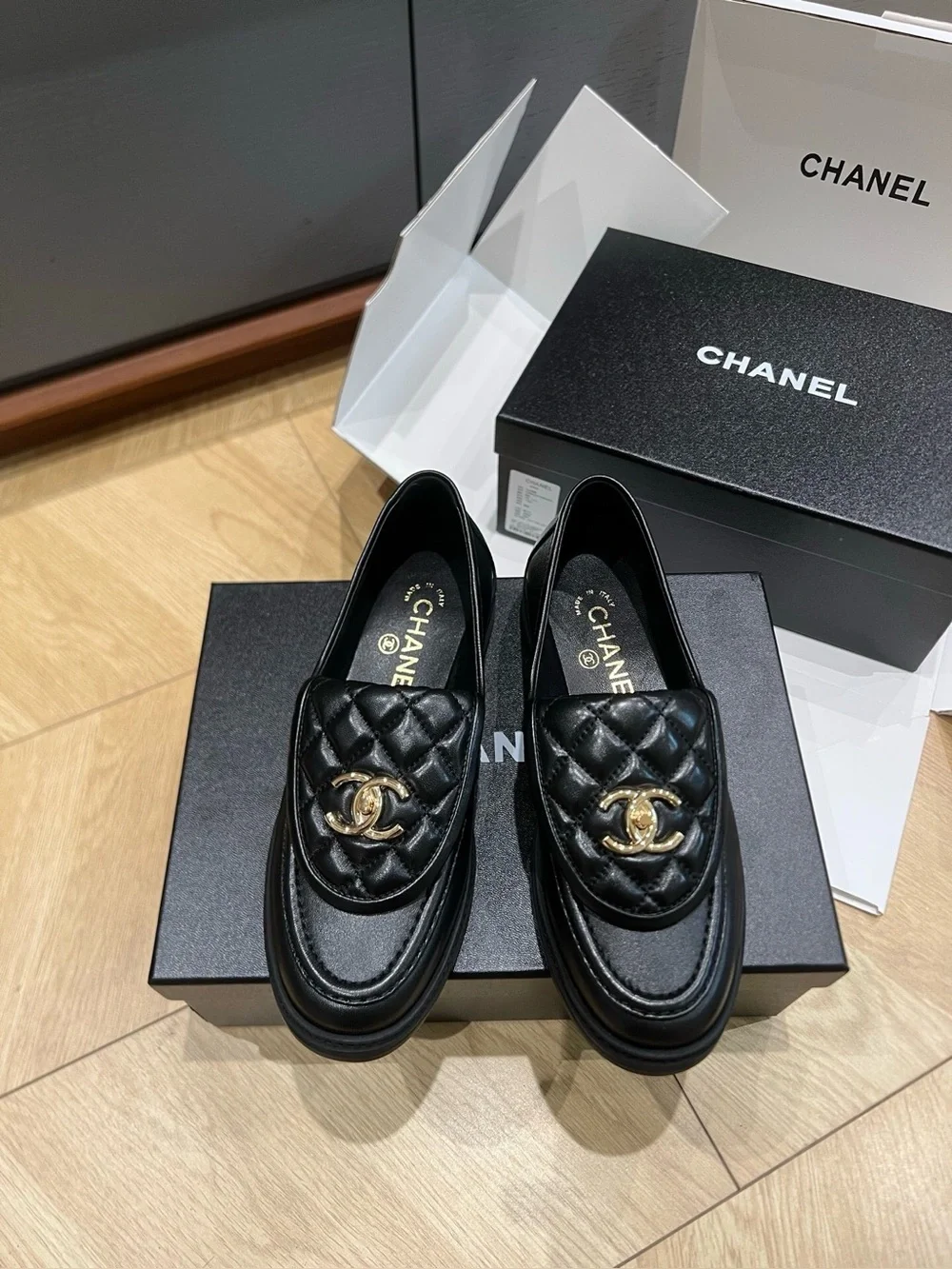 CHANEL Black Quilted Leather Loafers